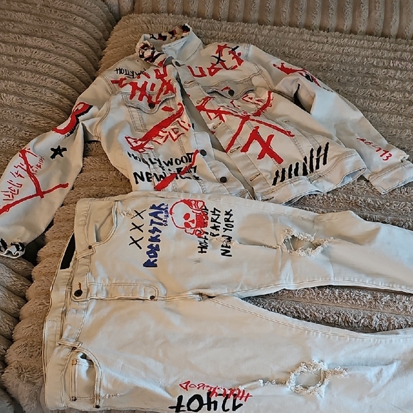Men's Graphic Denim Jacket in White and Red - Picture 1 of 5